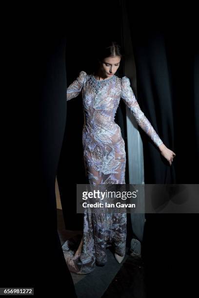 Model backstage ahead of the Michael Cinco show at Fashion Forward March 2017 held at the Dubai Design District on March 23, 2017 in Dubai, United...