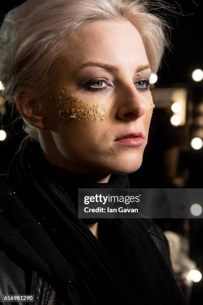 Model backstage ahead of the Michael Cinco show at Fashion Forward March 2017 held at the Dubai Design District on March 23, 2017 in Dubai, United...