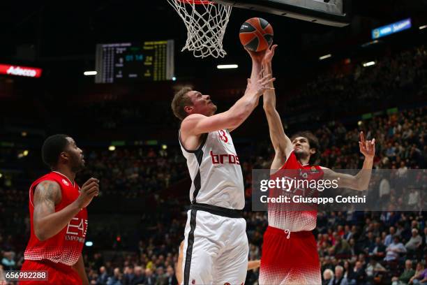 Leon Radosevic, #43 of Brose Bamberg competes with Davide Pascolo, #14 of EA7 Emporio Armani Milan during the 2016/2017 Turkish Airlines EuroLeague...