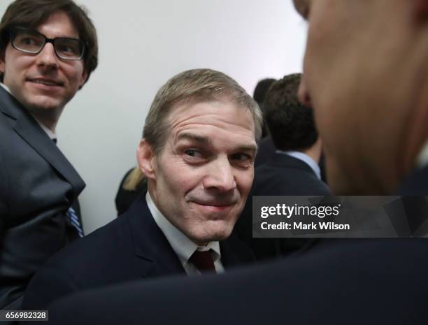 Chairman of the House Freedom Caucus member Rep. Jim Jordan leaves a closed door meeting with other members, on Capitol Hill March 23, 2017 in...