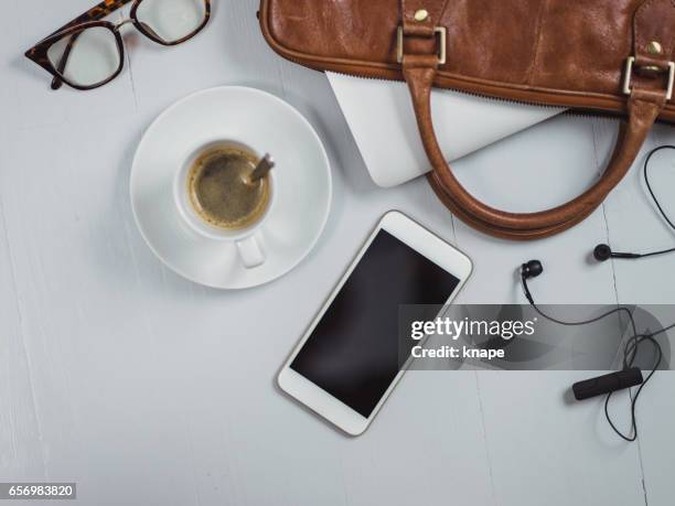 overhead business angles still life of office desk - reading glasses top view stock pictures, royalty-free photos & images