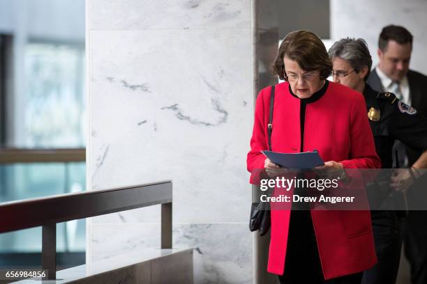 Sen. Dianne Feinstein arrives for a closed briefing with the Senate Select Committee on Intelligence concerning Russian interference in the 2016 U.S....