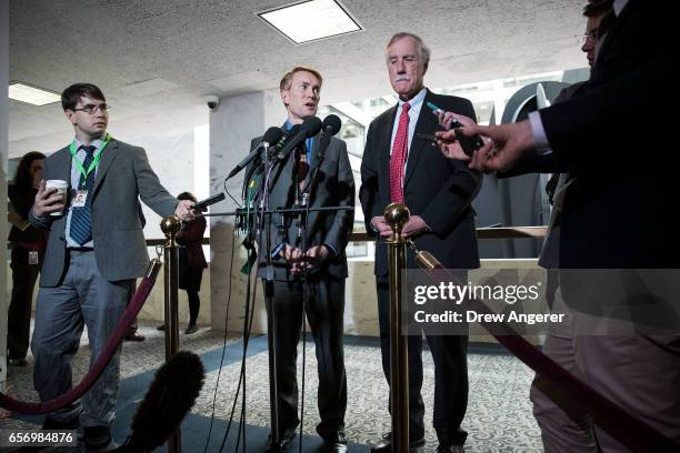 Sen. James Lankford and Sen. Angus King answer questions from reporters following a closed briefing with the Senate Select Committee on Intelligence...