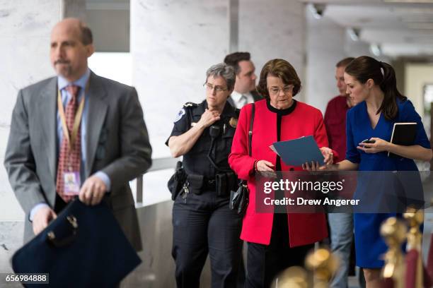 Sen. Dianne Feinstein arrives for a closed briefing with the Senate Select Committee on Intelligence concerning Russian interference in the 2016 U.S....