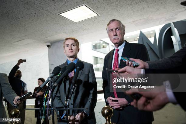Sen. James Lankford and Sen. Angus King answer questions from reporters following a closed briefing with the Senate Select Committee on Intelligence...