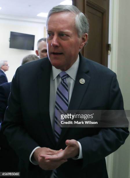Chairman of the House Freedom Caucus Mark Meadows comes out of a closed door meeting with other members, on Capitol Hill March 23, 2017 in...