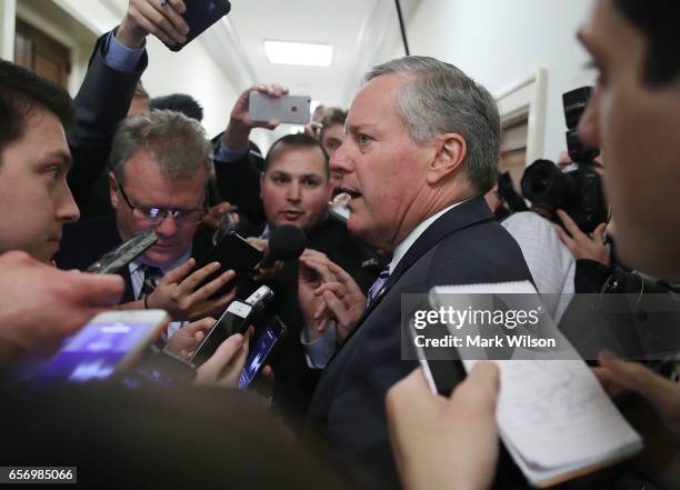 Chairman of the House Freedom Caucus Mark Meadows speaks to reporters after coming out of a closed door meeting with other members, on Capitol Hill...