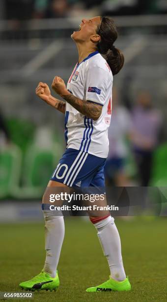 Dzsenifer Marozsan of Lyon celebrates scoring her goal during the UEFA Women's Champions League Quater Final first leg match between VfL Wolfsburg...