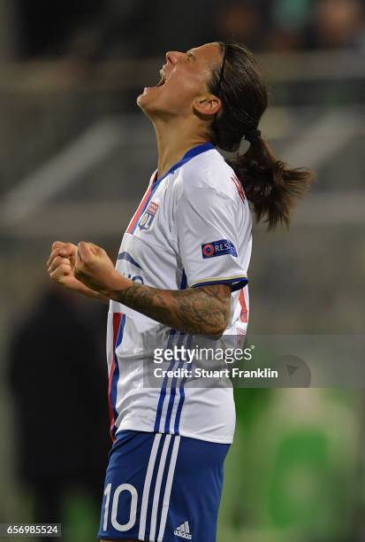 Dzsenifer Marozsan of Lyon celebrates scoring her goal during the UEFA Women's Champions League Quater Final first leg match between VfL Wolfsburg...