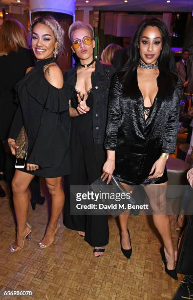 Karis Anderson, Courtney Rumbold and Alexandra Buggs of Stooshe attend the launch of the JF London x Kyle De'Volle fall/winter 2017 capsule...