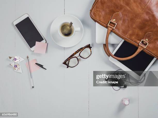overhead business angles still life of office desk - laptop bag stock pictures, royalty-free photos & images