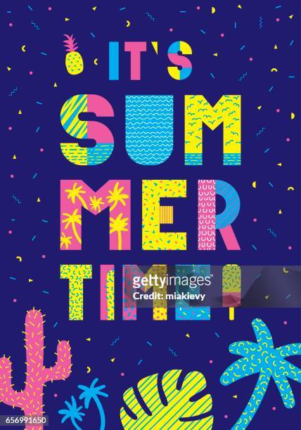 summer time typography poster - 80s font stock illustrations
