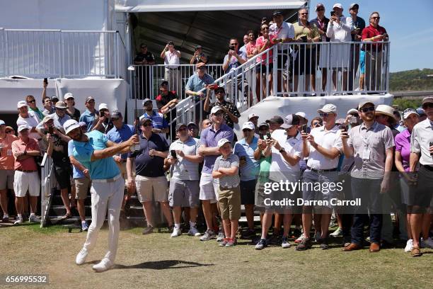 Dustin Johnson plays a shot on the 13th hole of his match during round two of the World Golf Championships-Dell Technologies Match Play at the Austin...