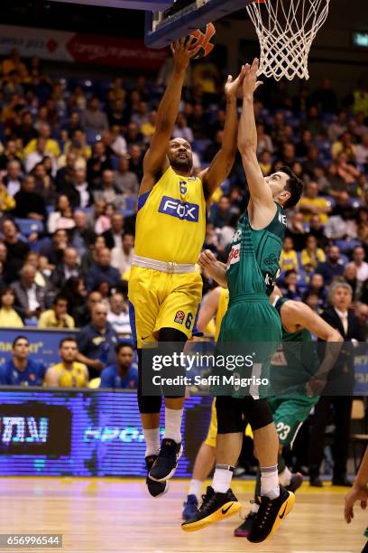 Devin Smith, #6 of Maccabi Fox Tel Aviv competes with Leo Westermann, #9 of Zalgiris Kaunas in action during the 2016/2017 Turkish Airlines...