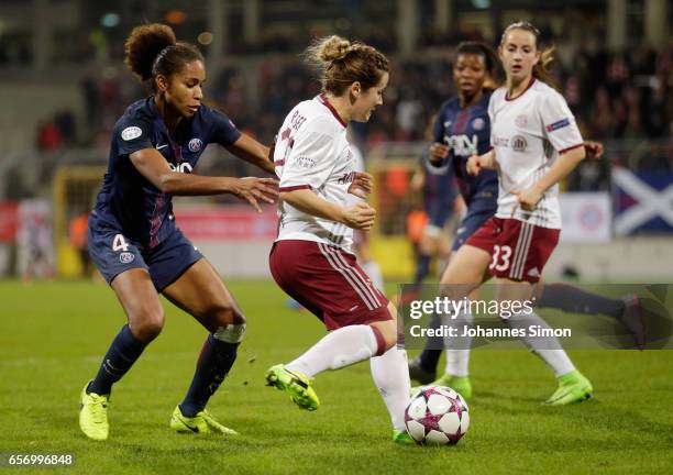 Nicole Rolser of Bayern fights for the ball with Laura Georges of Paris St. Germain during the UEFA women's champions league quarter finals at...