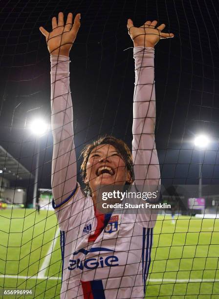 Saki Kumagai of Lyon celebrates at the end of the UEFA Women's Champions League Quater Final first leg match between VfL Wolfsburg and Olympique Lyon...