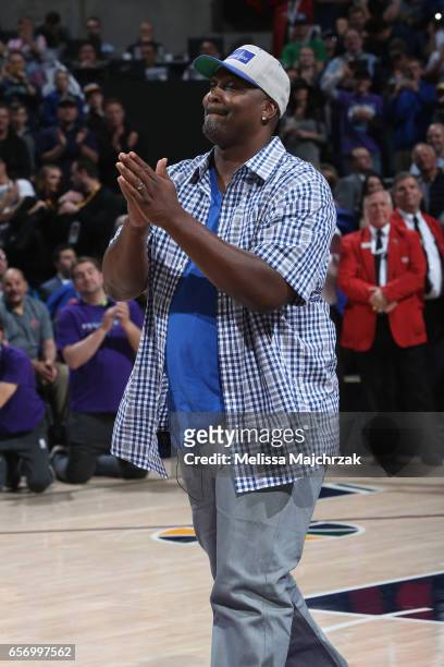 Former member of the Utah Jazz, Bryon Russell is honored during halftime of the New York Knicks game against the Utah Jazz at vivint.SmartHome Arena...