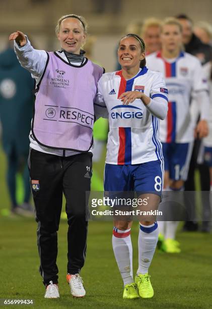 Jessica Houara - D'Hommeaux of Lyon celebrates at the end of the UEFA Women's Champions League Quater Final first leg match between VfL Wolfsburg and...