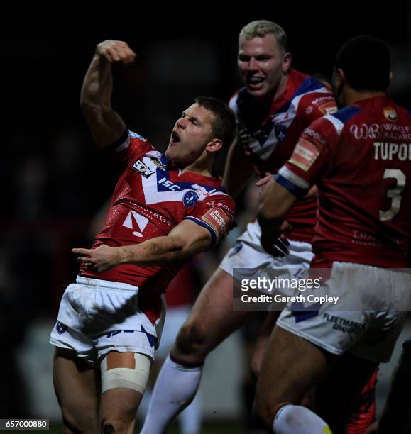Jacob Miller of Wakefield celebrates scores his second half try during the Betfred Super League match between Wakefield Trinity and Leigh Centurions...