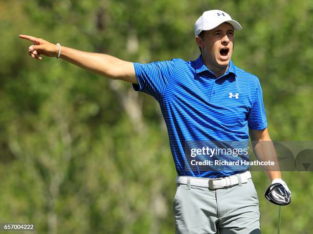 Jordan Spieth reacts after teeing off on the 3rd hole of his match during round two of the World Golf Championships-Dell Technologies Match Play at...