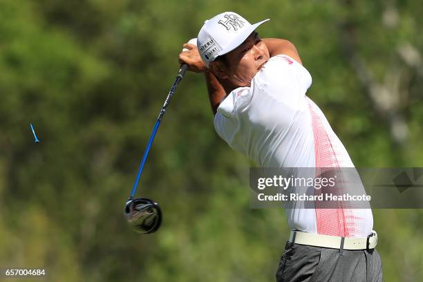 Hideto Tanihara of Japan tees off on the 3rd hole of his match during round two of the World Golf Championships-Dell Technologies Match Play at the...