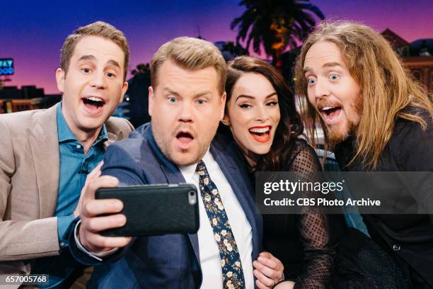 Ben Platt, Abigail Spencer, and Tim Minchin chat with James Corden during "The Late Late Show with James Corden," Monday, March 20, 2017 On The CBS...