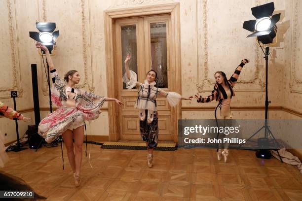 Models pose for a presentation at the Bashaques show during Mercedes-Benz Istanbul Fashion Week March 2017 at Grand Pera on March 23, 2017 in...