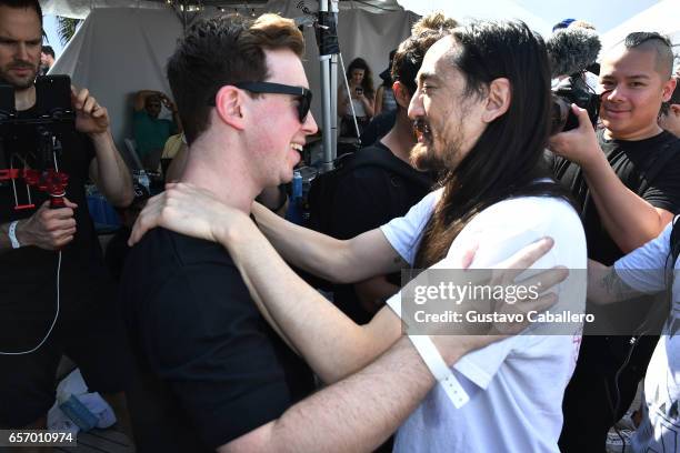 Hardwell and Steve Aoki attend the SiriusXM Music Lounge at 1 Hotel South Beach on March 23, 2017 in Miami, Florida.