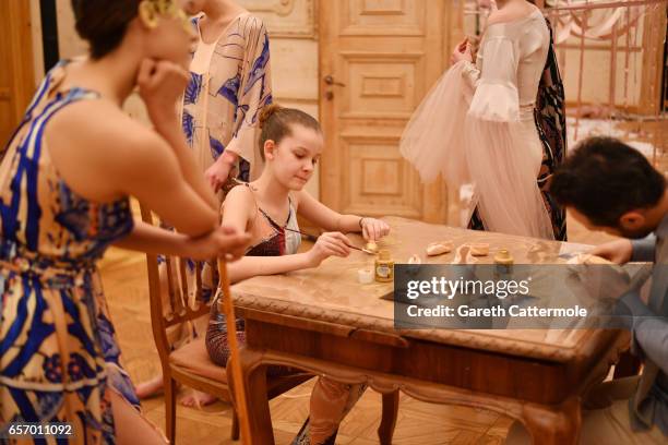 Models pose for a presentation at the Bashaques show during Mercedes-Benz Istanbul Fashion Week March 2017 at Grand Pera on March 23, 2017 in...