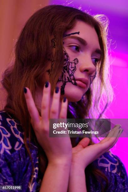 Model poses for a presentation at the Bashaques show during Mercedes-Benz Istanbul Fashion Week March 2017 at Grand Pera on March 23, 2017 in...