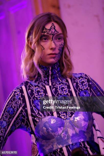 Model poses for a presentation at the Bashaques show during Mercedes-Benz Istanbul Fashion Week March 2017 at Grand Pera on March 23, 2017 in...