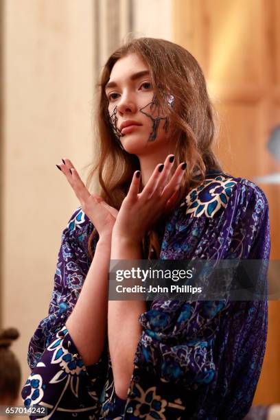 Model poses for a presentation at the Bashaques show during Mercedes-Benz Istanbul Fashion Week March 2017 at Grand Pera on March 23, 2017 in...