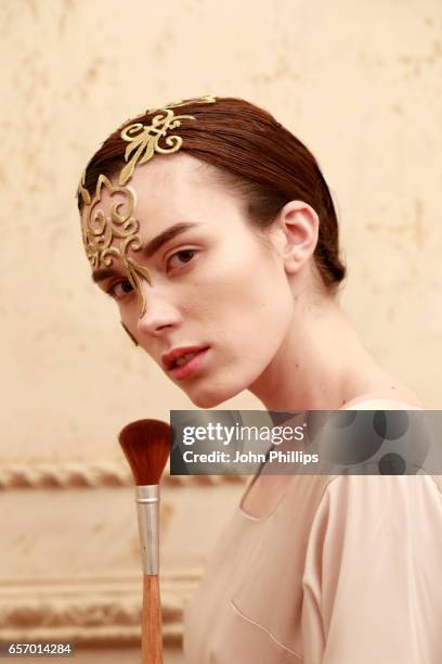 Model poses for a presentation at the Bashaques show during Mercedes-Benz Istanbul Fashion Week March 2017 at Grand Pera on March 23, 2017 in...