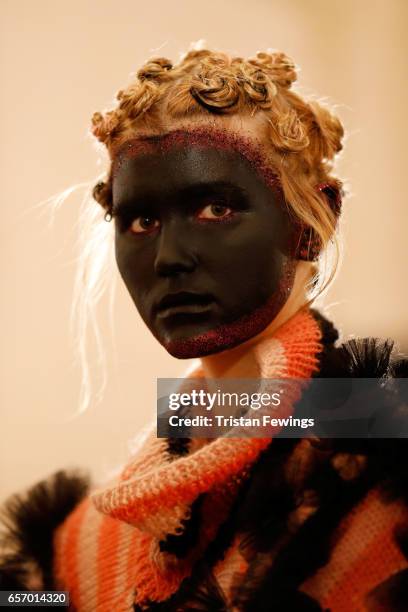 Model poses for a presentation at the Bashaques show during Mercedes-Benz Istanbul Fashion Week March 2017 at Grand Pera on March 23, 2017 in...