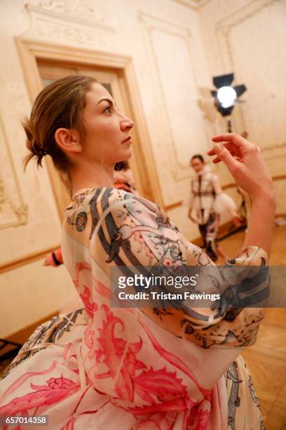 Model poses for a presentation at the Bashaques show during Mercedes-Benz Istanbul Fashion Week March 2017 at Grand Pera on March 23, 2017 in...