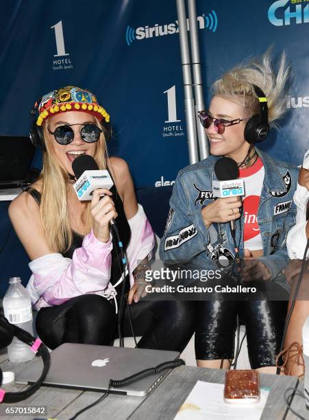 Olivia Nervo and Miriam Nervo from Nervo are interviewed at the SiriusXM Music Lounge at 1 Hotel South Beach on March 23, 2017 in Miami, Florida.