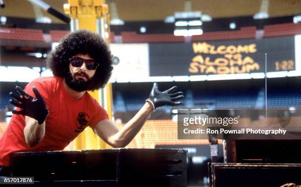 Drummer Sib Hashian of the band BOSTON poses for a photo during the soundcheck at Aloha Stadium on April 29, 1979 in Honolulu, Hawaii.