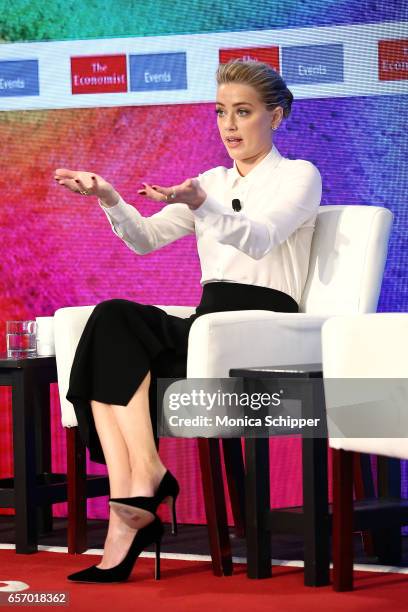 Actress Amber Heard speaks on stage during the 2nd Annual Pride & Prejudice Summit at 10 on The Park on March 23, 2017 in New York City.