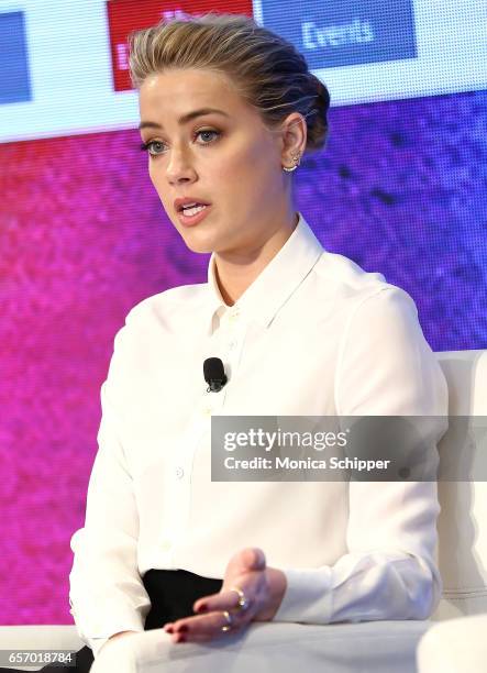 Actress Amber Heard speaks on stage during the 2nd Annual Pride & Prejudice Summit at 10 on The Park on March 23, 2017 in New York City.