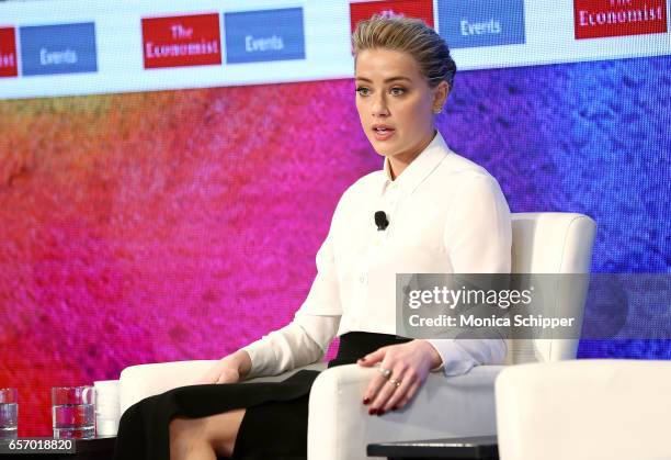 Actress Amber Heard speaks on stage during the 2nd Annual Pride & Prejudice Summit at 10 on The Park on March 23, 2017 in New York City.