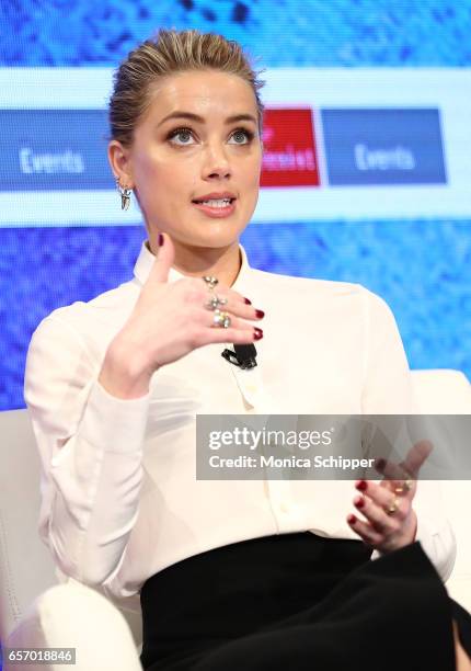 Actress Amber Heard speaks on stage during the 2nd Annual Pride & Prejudice Summit at 10 on The Park on March 23, 2017 in New York City.