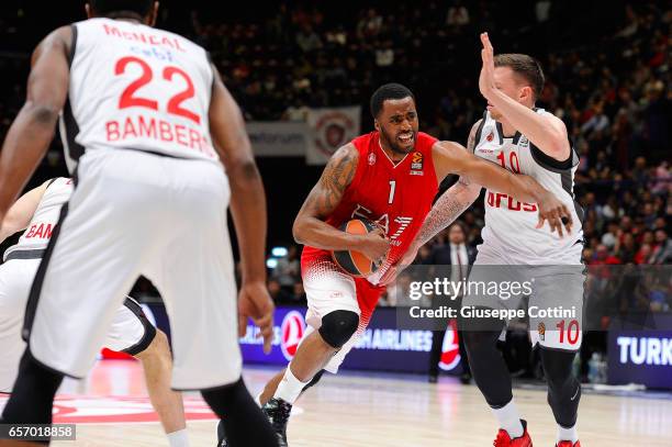 Jamel McLean, #1 of EA7 Emporio Armani Milan competes with Daniel Theis, #10 of Brose Bamberg during the 2016/2017 Turkish Airlines EuroLeague...