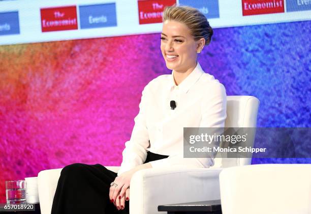 Actress Amber Heard speaks on stage during the 2nd Annual Pride & Prejudice Summit at 10 on The Park on March 23, 2017 in New York City.