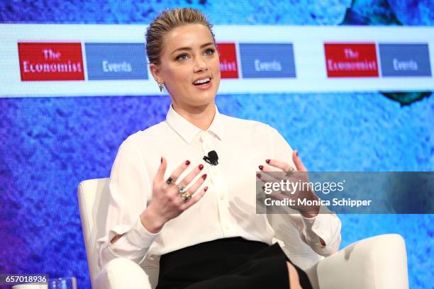 Actress Amber Heard speaks on stage during the 2nd Annual Pride & Prejudice Summit at 10 on The Park on March 23, 2017 in New York City.