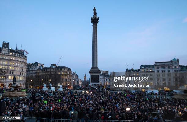 People gather during a candlelit vigil at Trafalgar Sq on March 23, 2017 in London, England. Four People were killed in Westminster, London,...