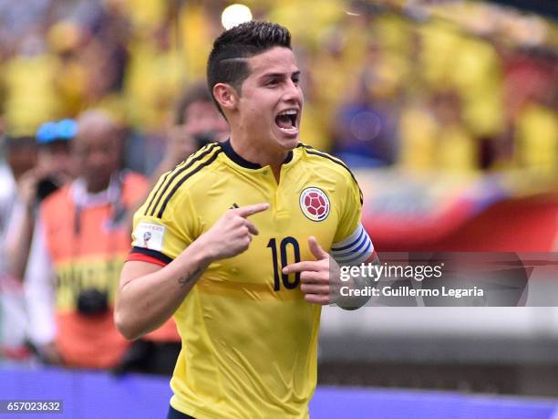 James Rodriguez of Colombia celebrates after scoring the opening goal during a match between Colombia and Bolivia as part of FIFA 2018 World Cup...