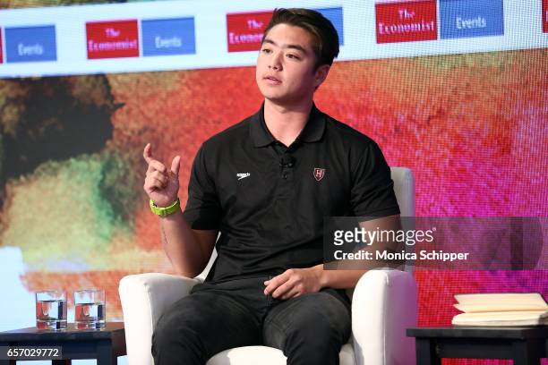Division I swimmer Schuyler Bailar speaks on stage at the 2nd Annual Pride & Prejudice Summit at 10 on The Park on March 23, 2017 in New York City.