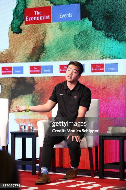 Division I swimmer Schuyler Bailar speaks on stage at the 2nd Annual Pride & Prejudice Summit at 10 on The Park on March 23, 2017 in New York City.