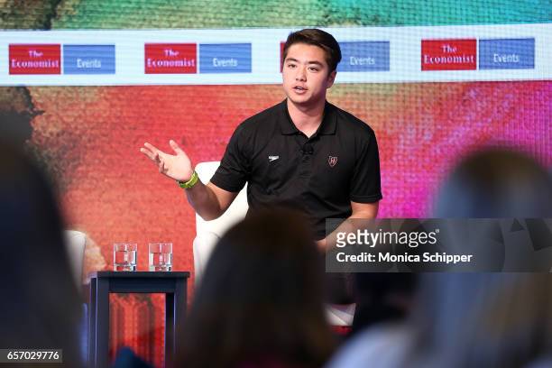 Division I swimmer Schuyler Bailar speaks on stage at the 2nd Annual Pride & Prejudice Summit at 10 on The Park on March 23, 2017 in New York City.