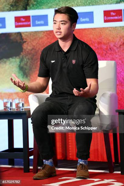 Division I swimmer Schuyler Bailar speaks on stage at the 2nd Annual Pride & Prejudice Summit at 10 on The Park on March 23, 2017 in New York City.